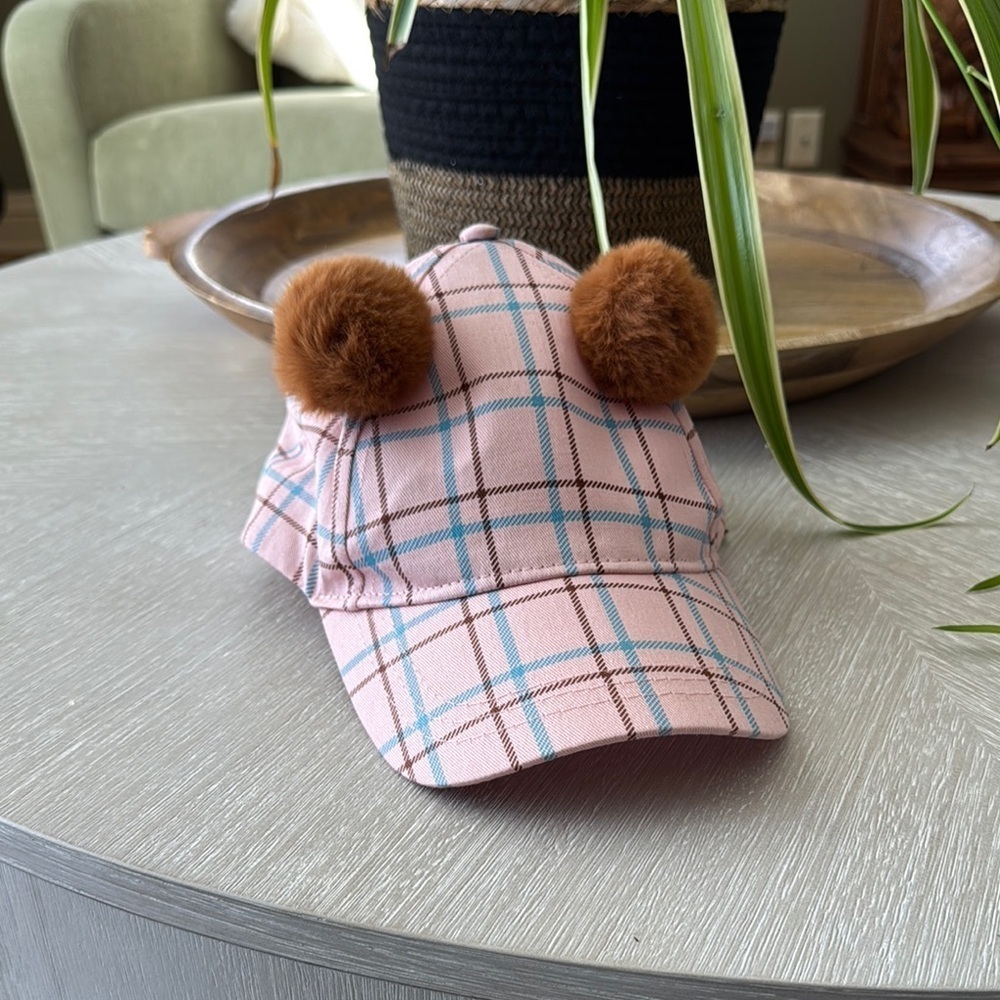 Wonder Nation Pink Plaid Hat with Brown Pom Poms